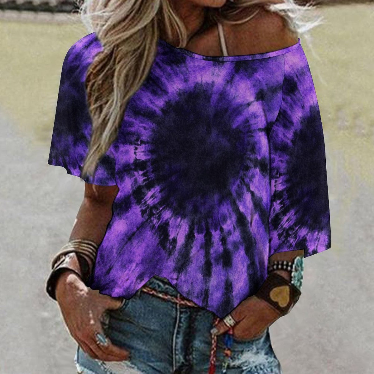 Black Purple Tie Dye Off the Shoulder Top Tshirt, Spiral Dark Retro Women Ladies Half Sleeve Shirt Blouse Loose Relaxed Fit Festival Casual - Starcove Fashion