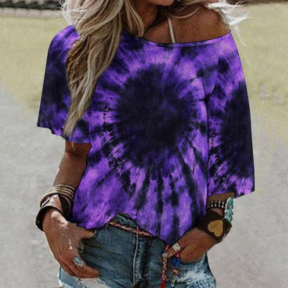 Black Purple Tie Dye Off the Shoulder Top Tshirt, Spiral Dark Retro Women Ladies Half Sleeve Shirt Blouse Loose Relaxed Fit Festival Casual - Starcove Fashion