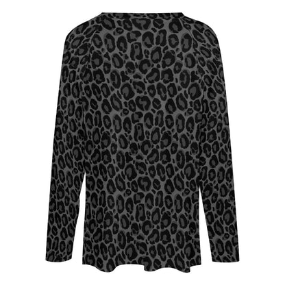 Black Leopard Women Long Sleeve Tshirt loose fit, Gray Animal Print Relaxed V-neck Designer Graphic Aesthetic Ladies Female Tee Top Shirt - Starcove Fashion