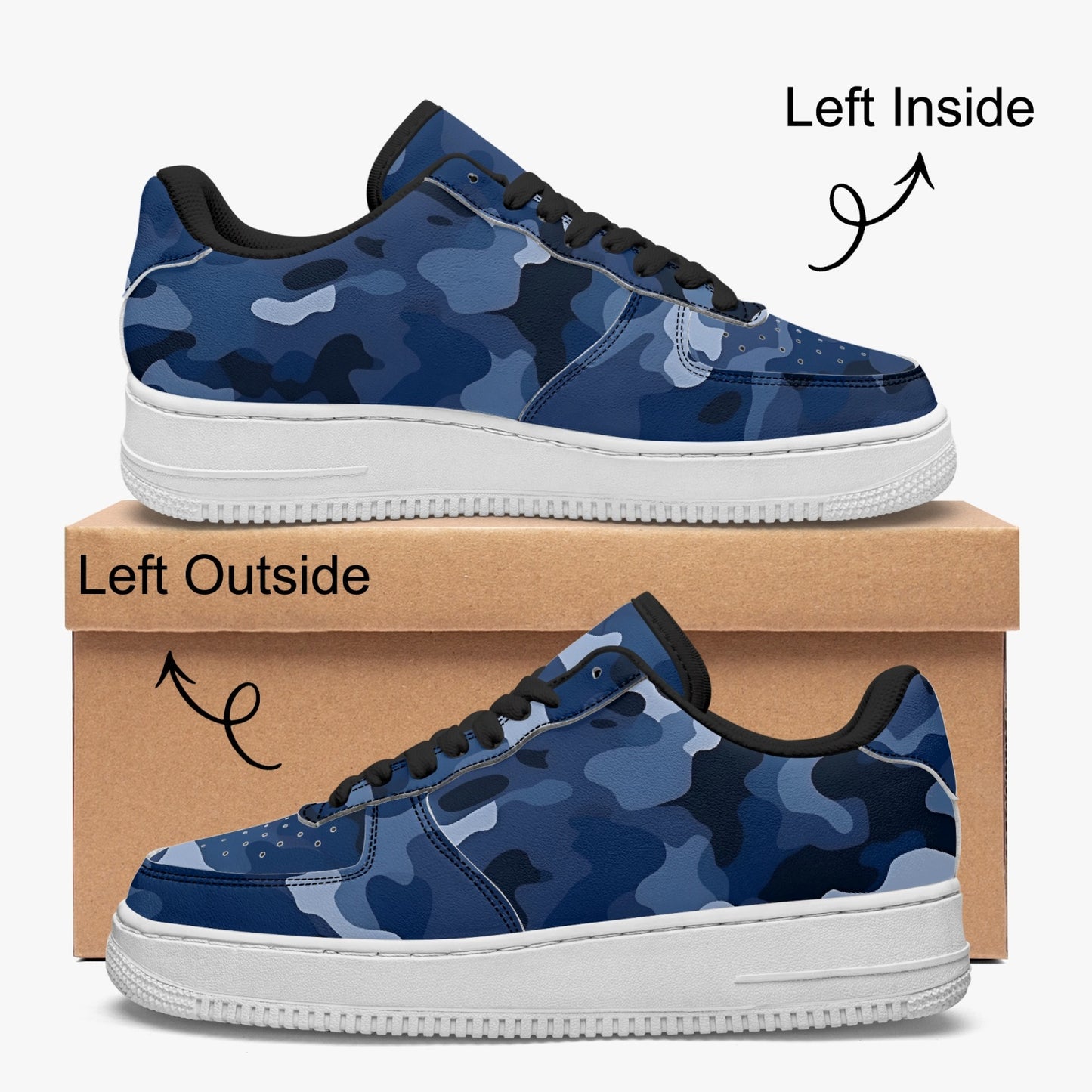 Blue Camo Vegan Leather Shoes, Navy Camouflage Men Women Sneakers White Low Top Lace Up Custom Designer Flat Casual Handmade