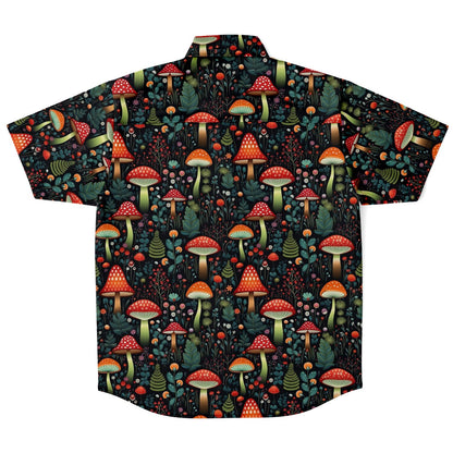 Red Mushroom Short Sleeve Men Button Up Shirt, Cottagecore Fungi Forest Print Casual Buttoned Down Summer Collared Dress Shirt Starcove Fashion
