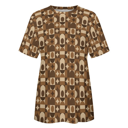 Mid Century Modern Women Cotton Tshirt, Brown Retro Vintage Ladies Female Designer Adult Graphic Aesthetic Fitted Crewneck Tee Shirt Top