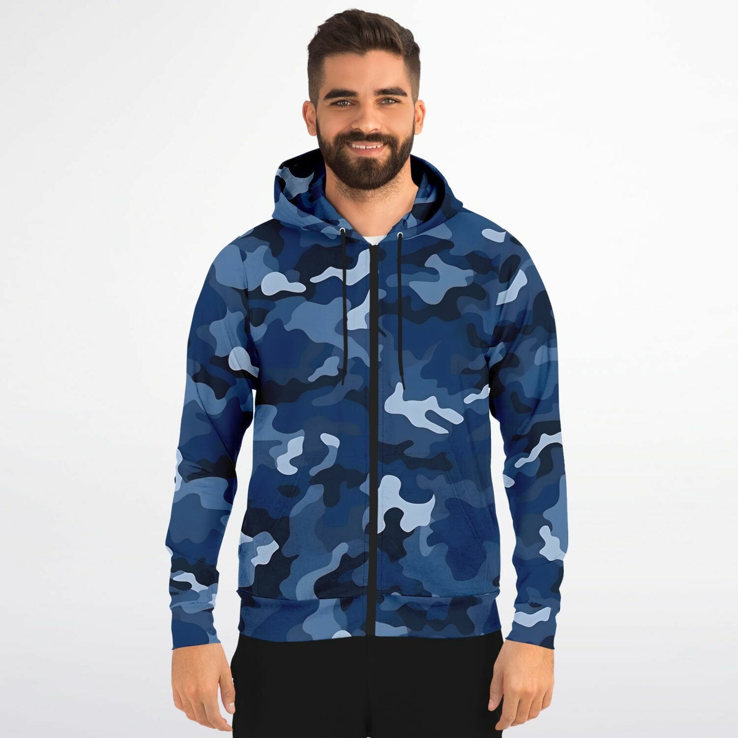 Navy Blue Camo Zip Up Hoodie, Camouflage Full Zipper Pocket Men Women Unisex Adult Aesthetic Graphic Cotton Fleece Hooded Sweatshirt