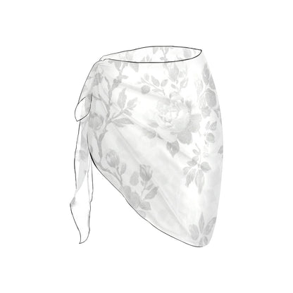 White Floral Sarong Wrap Skirt, Flowers Print Women Bikini Bottom Cover Up Beach Front Sexy Coverup Swimwear Side Tie Short Mini Swim - Starcove Fashion