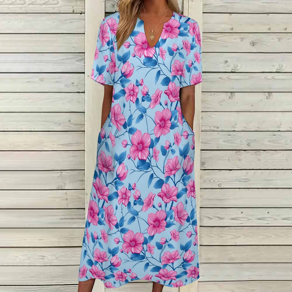 Pink Blue Floral Women Maxi Dress, Flowers V-Neck Print Short Sleeve Evening Summer Cocktail Ladies Handmade Designer Plus Size Pockets