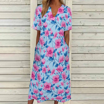 Pink Blue Floral Women Maxi Dress, Flowers V-Neck Print Short Sleeve Evening Summer Cocktail Ladies Handmade Designer Plus Size Pockets