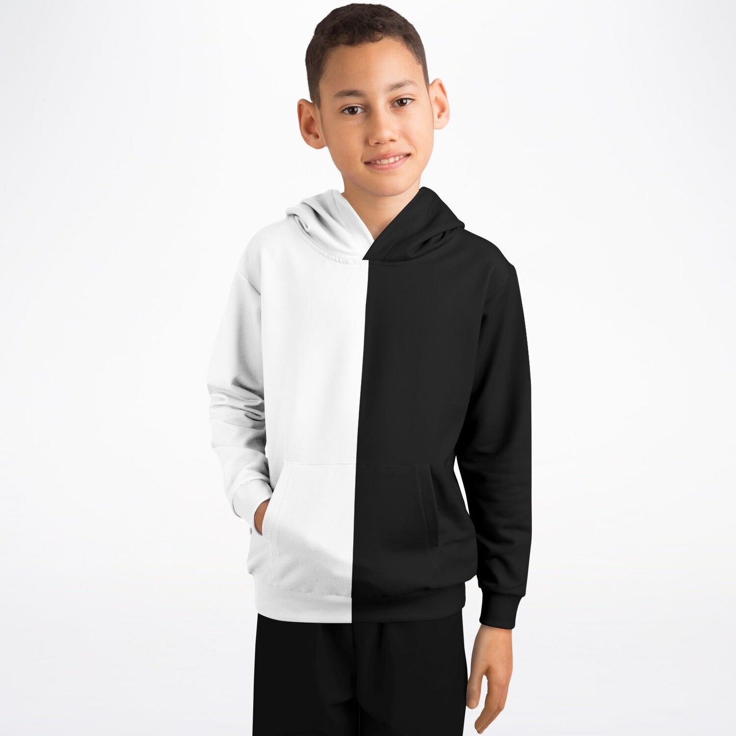 Half Black Half White Kids Pullover Hoodie, Two Tone Color Split Girls Boy Toddler Youth Children Fleece Cozy Hooded Sweatshirt Pockets