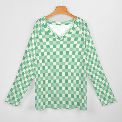 Green Checkered Women Long Sleeve Tshirt loose fit, Gingham Check Relaxed V-neck Designer Graphic Aesthetic Ladies Female Tee Top Shirt - Starcove Fashion