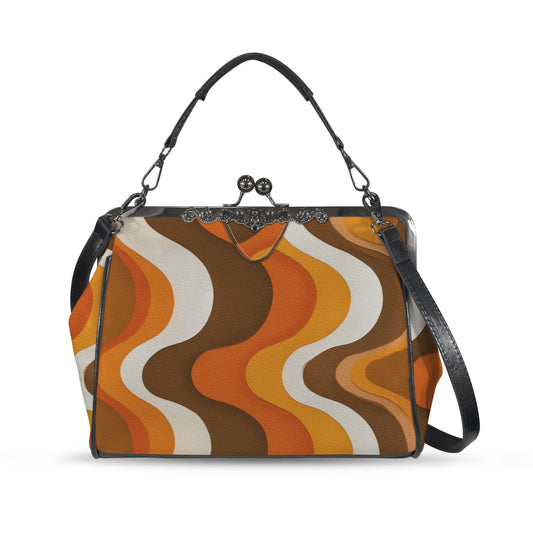 70s Retro Kiss Lock Purse Handbag, Orange Brown Wavy Striped Print Vegan Leather Vintage Designer Shoulder Crossbody Top Handle Clasp Bag