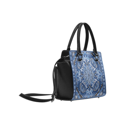 Bandana Purse Handbag, Blue Black Vegan Leather Designer Women Gift Satchel Top Zip Handle Bag Shoulder Crossbody Strap