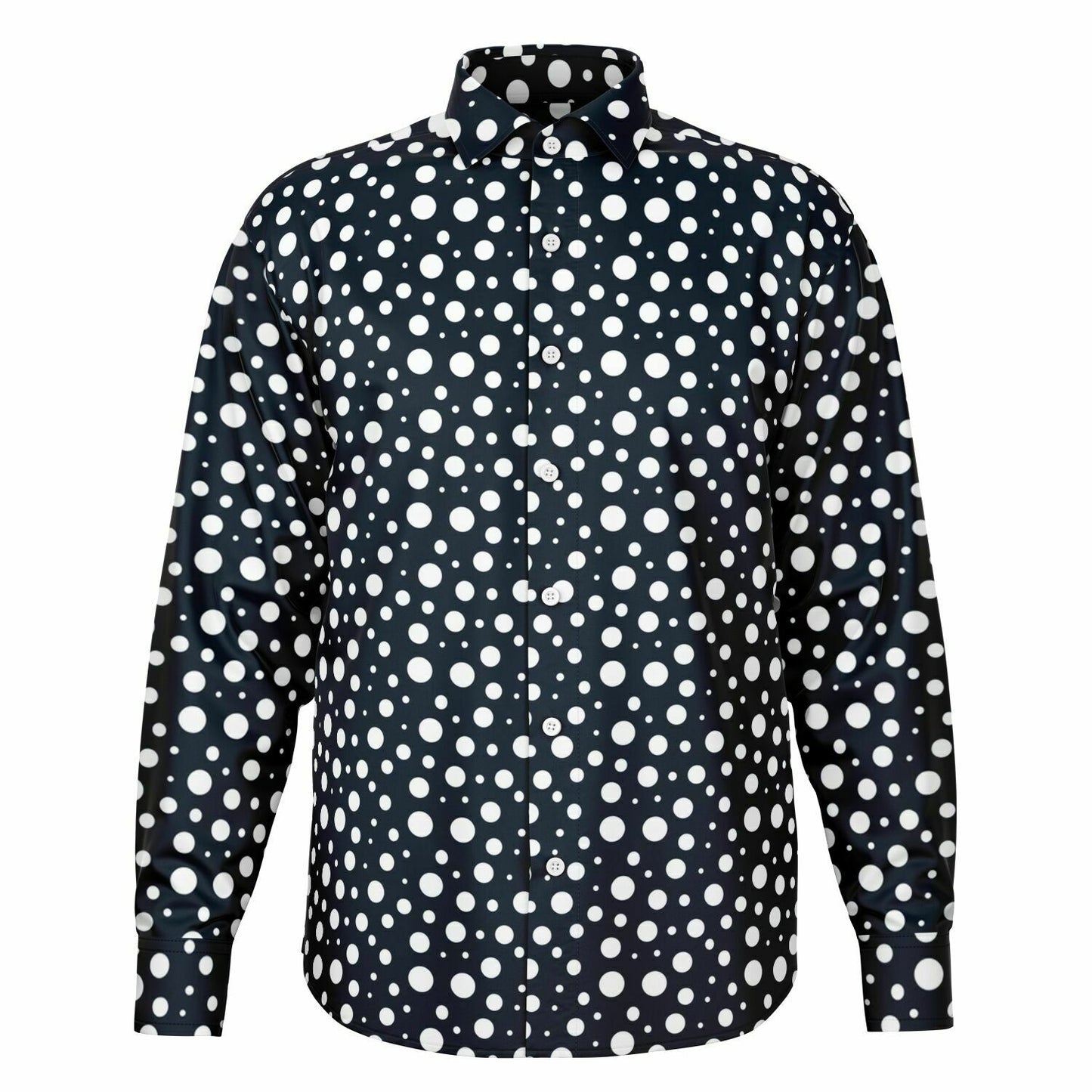 Navy Blue Polka Dots Long Sleeve Men Button Up Shirt, Dark Blue Guys Male Print Buttoned Down Collared Graphic Casual Dress Plus Size Shirt