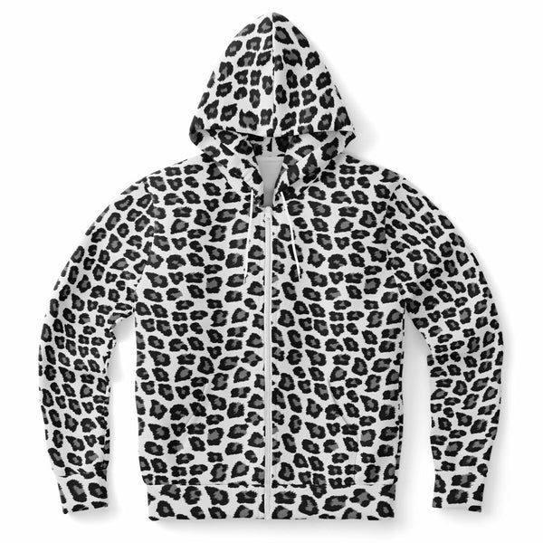 Snow Leopard Zip Up Hoodie, Black White Animal Print Full Zipper