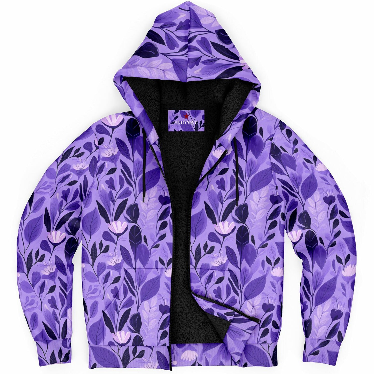 Purple Floral Zip Up Fleece Lined Hoodie, Flowers Heavyweight Full Zipper Pocket Men Women Unisex Aesthetic Graphic Hooded Sweatshirt Jacket