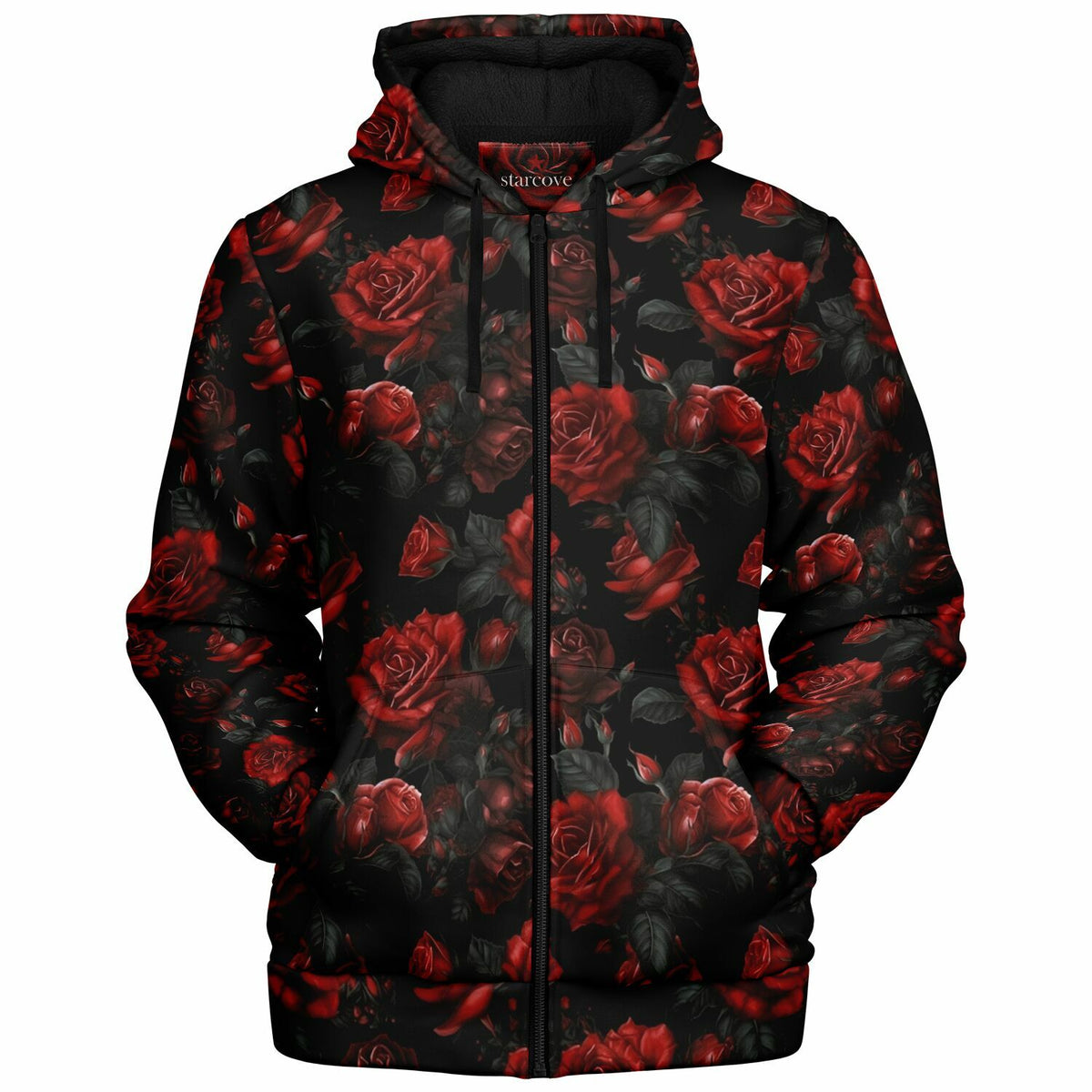 Red Roses Zip Up Fleece Lined Hoodie, Floral Flowers Sherpa Heavyweight Full Zipper Pocket Men Women Unisex Graphic Hooded Sweatshirt Jacket