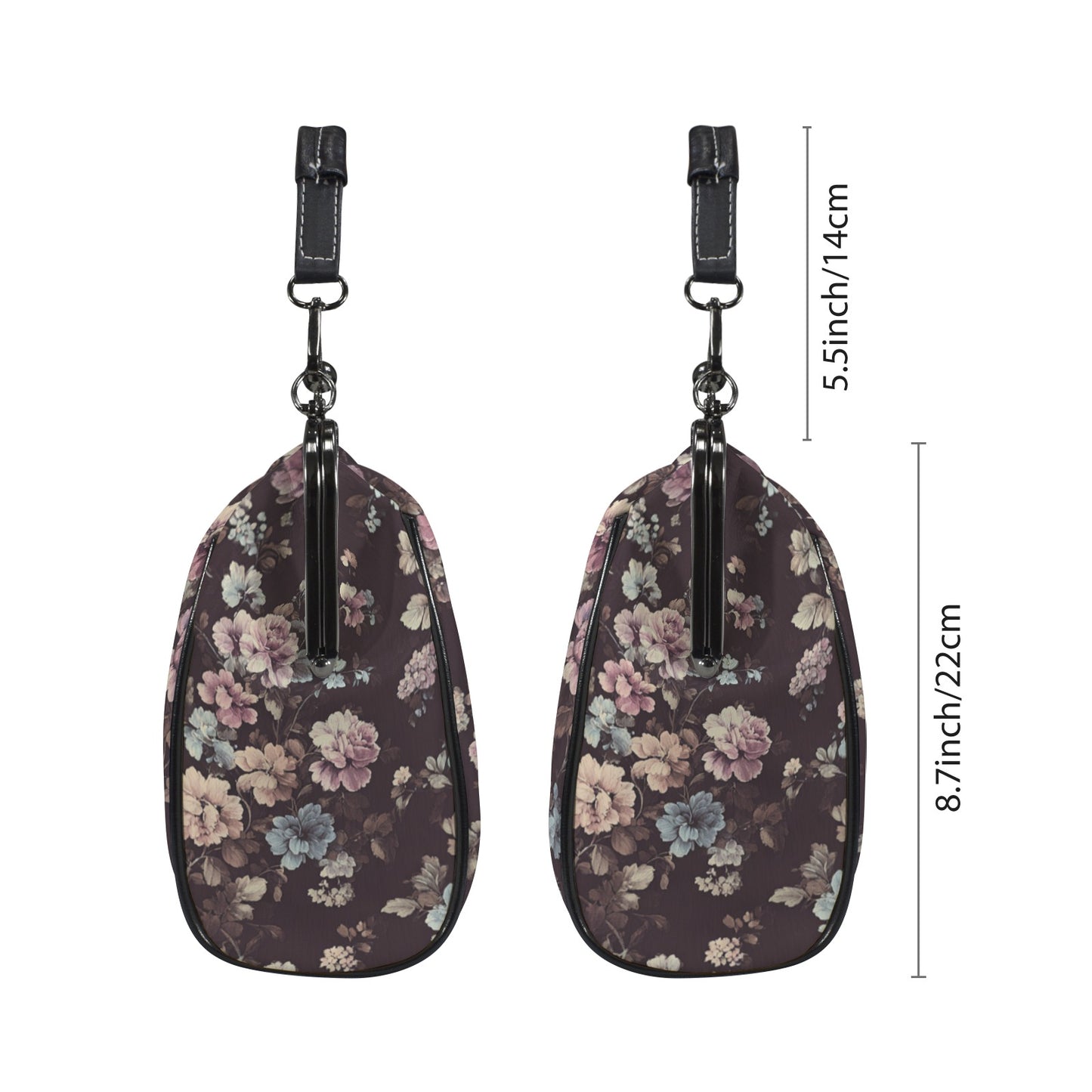 Rococo Floral Kiss Lock Purse Handbag, Purple Pink Flowers Retro Vegan Leather Vintage Designer Shoulder Crossbody Top Handle Clasp Bag