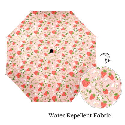 Strawberry Floral Umbrella, Flowers Pink Golf Anti-UV Semi-Automatic Sun Beach Rain Parasol Large Compact Travel Windproof Designer Luxury