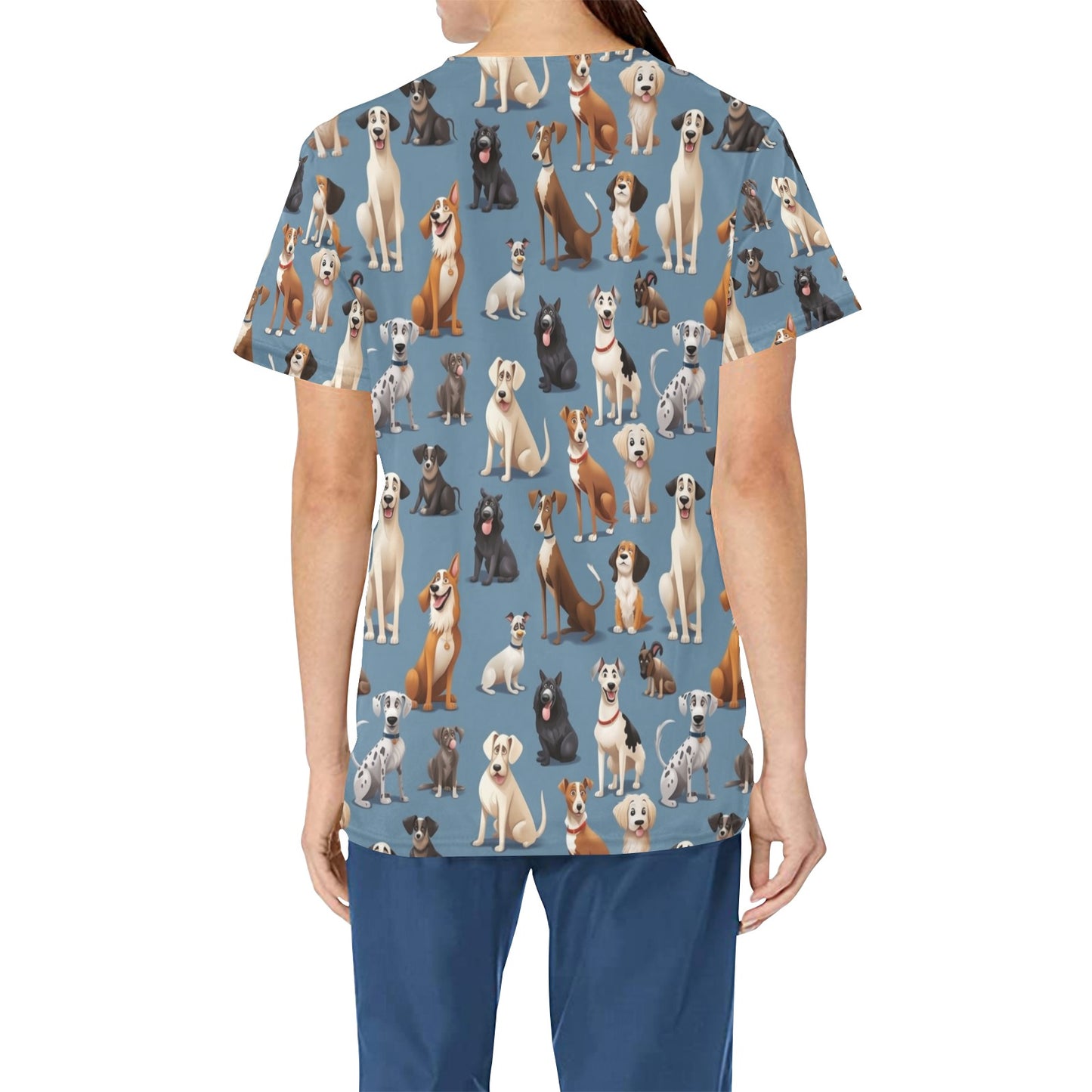 Dog Breed Medical Scrubs Top Women, Pet Animal Grooming Clinic Ladies Female Plus Size Nursing Nurse Vet Veterinary Hospital Uniform Pockets
