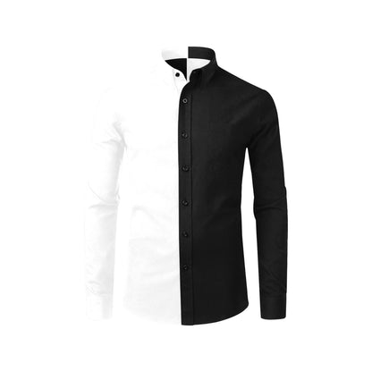 Half Black Half White Long Sleeve Men Button Up Shirt, Color Block Split Two Tone Combo Print Buttoned Collared Dress Shirt Chest Pocket - Starcove Fashion