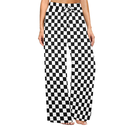 Checkered Women Wide Leg Pants Pockets, Black White Check Racing Yoga Trousers High Waisted Ladies Comfy Drawstring Lounge Flowy Summer
