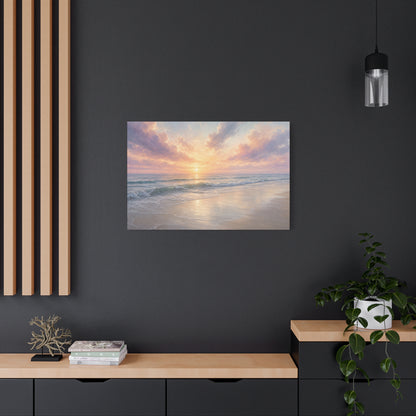 Sunset Beach Canvas Gallery Wrap, Coastal Serene Ocean Watercolor Wall Art Print Decor Small Large Hanging Modern Landscape Living Room
