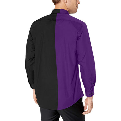 Half Black Half Purple Long Sleeve Men Button Up Shirt, Color Block Split Two Tone Combo Print Buttoned Collared Casual Dress Chest Pocket