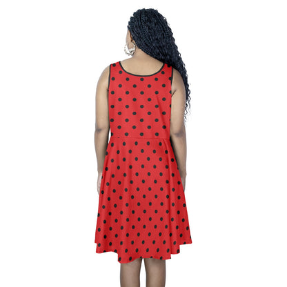 Red Black Polka Dots Midi Dress, Women Sleeveless Casual Cute Designer Elegant Plus Size Ladies Expansion Cocktail Party Summer Designer - Starcove Fashion