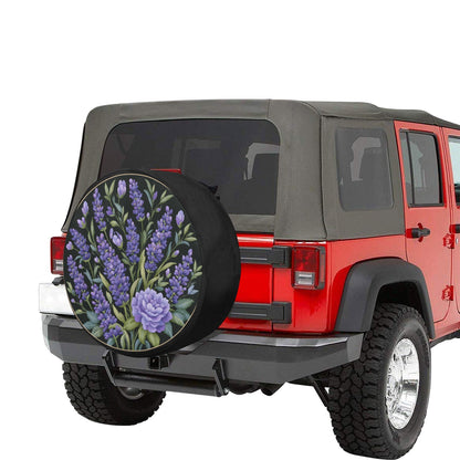 Purple Flowers Spare Tire Cover, Lilac Lavender Floral Faux Embroidery Print Floral Wheel Auto Car Backup Camera Hole Trailer Back Women RV