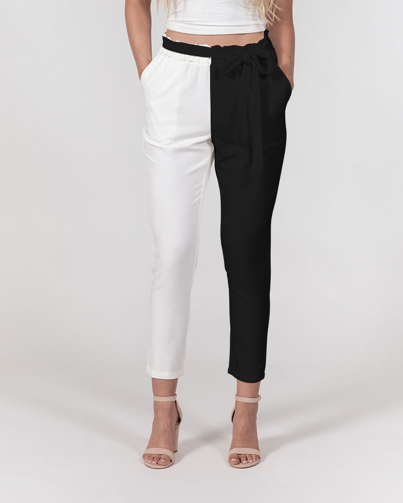 Half Black White Women Dress Pants Pockets, Two Toned Color Split Tapered Belted Business Casual Trousers High Waisted Ladies Lounge Work White base