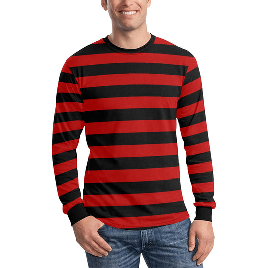 Dark Red and Black Striped TShirt Men Long Sleeve, Graphic Vintage Retro Stripes Crewneck Unisex Women Halloween Punk Emo Goth Designer Tee - Starcove Fashion