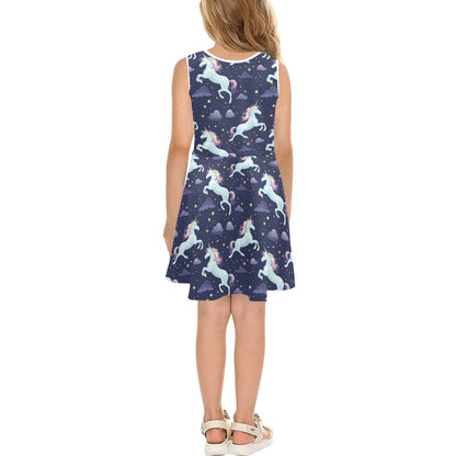 Unicorn Floral Midi Girls Dress, Magical Kids Sleeveless Sundress Casual Cute Designer Children Elegant Cocktail Party Summer Designer