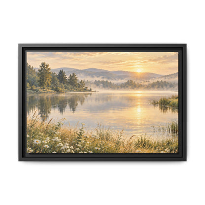 Misty Meadow Lake Wood Framed Canvas, Wildflower Farmhouse Wall Art Print Artwork Decor Small Large Hanging Matte Landscape Square Poster