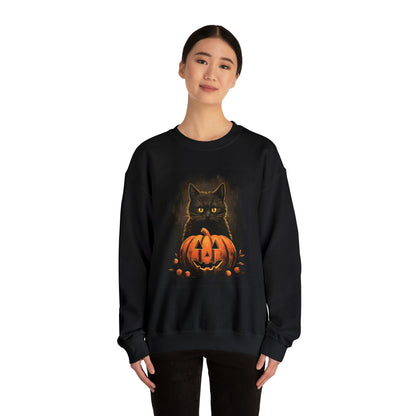 Pumpkin Black Cat Sweatshirt, Halloween Graphic Crewneck Fleece Cotton Sweater Jumper Pullover Men Women Adult Aesthetic Top Starcove Fashion