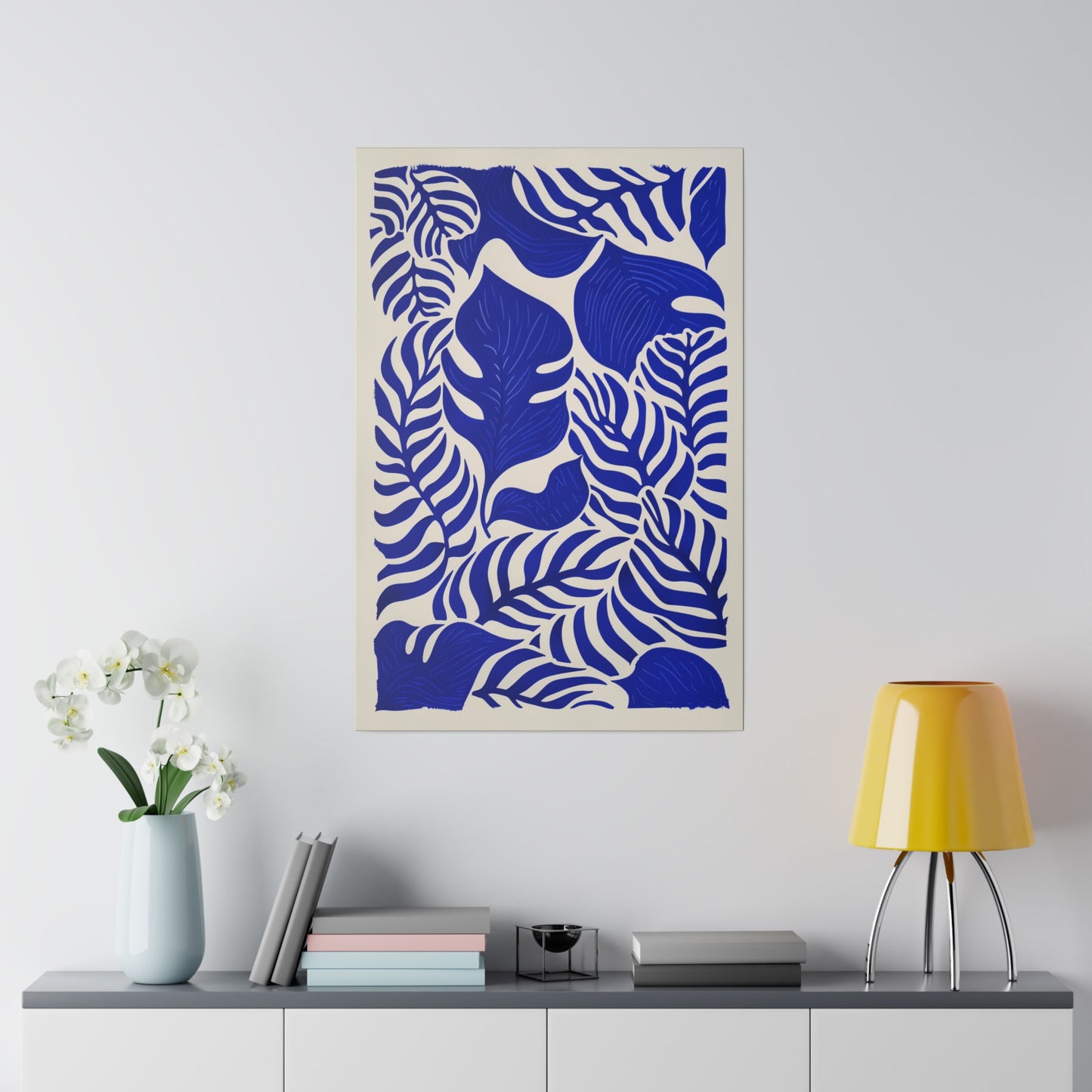 Royal Blue Abstract Canvas Art Gallery Wrap, Vines Cream Wall Print Painting Decor Small Large Hanging Modern Vertical Living Room