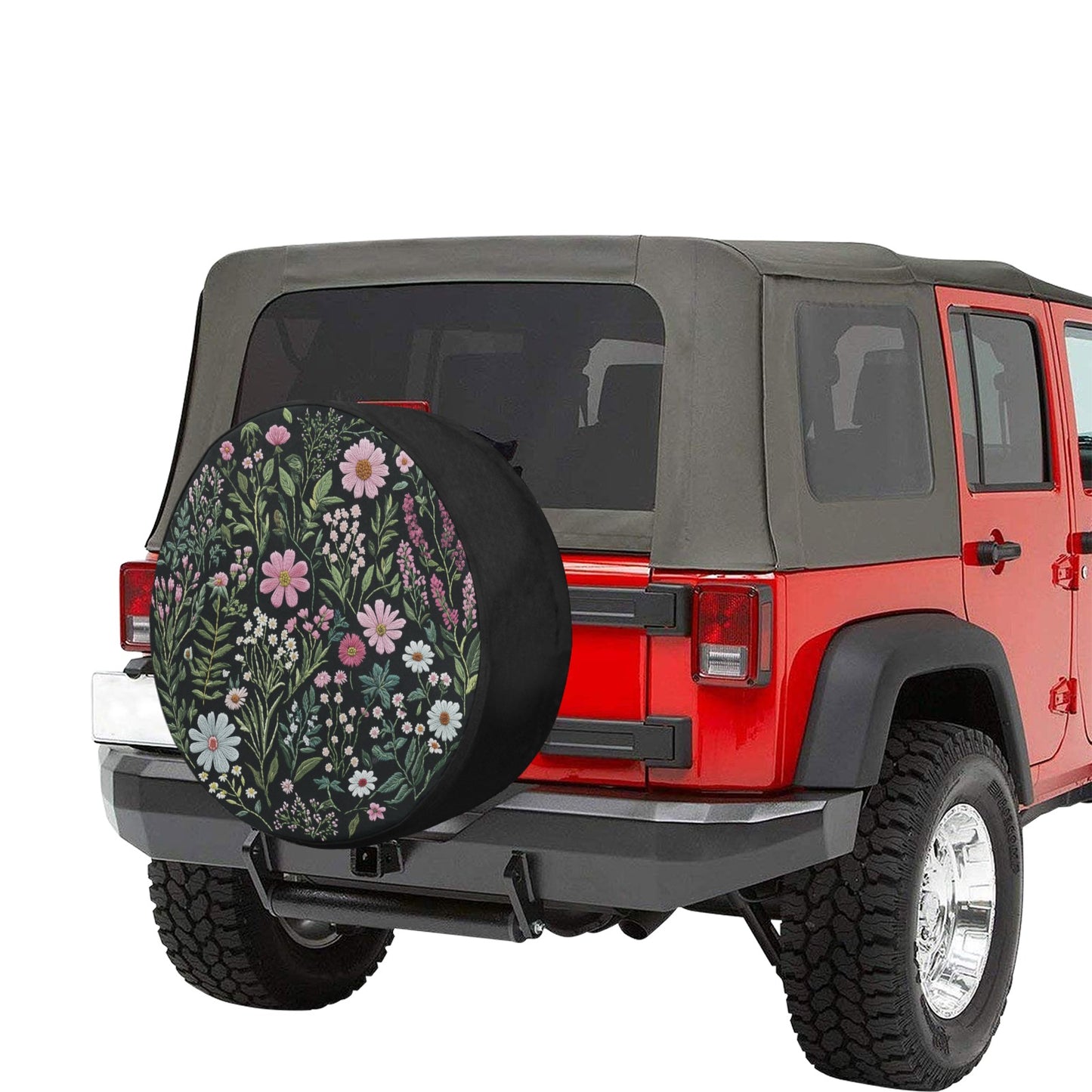Pink Wild Flowers Spare Tire Cover, Faux Embroidery Printed Floral Wheel Auto Car Unique Design Backup Camera Hole Trailer Back Women RV