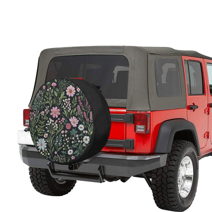 Pink Wild Flowers Spare Tire Cover, Faux Embroidery Printed Floral Wheel Auto Car Unique Design Backup Camera Hole Trailer Back Women RV