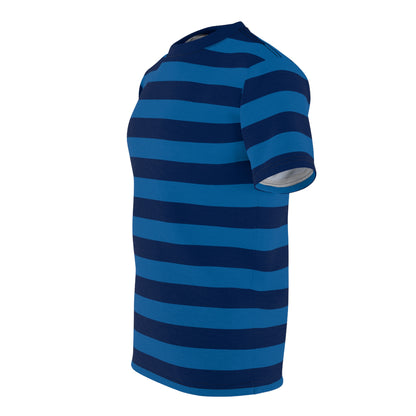 Light Blue and Dark Blue Striped Men T Shirt, Navy Vintage Wide Horizontal Stripes 90s Adult Unisex Designer Crewneck Guys Tee Gifts