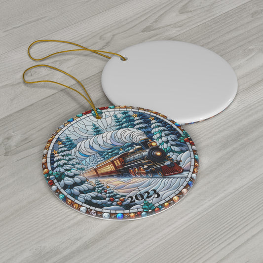 Christmas Train 2023 Ornament, Printed Stained Glass Art Tree Decoration Holiday Gift Idea Heirloom Keepsake Round Ceramic Xmas