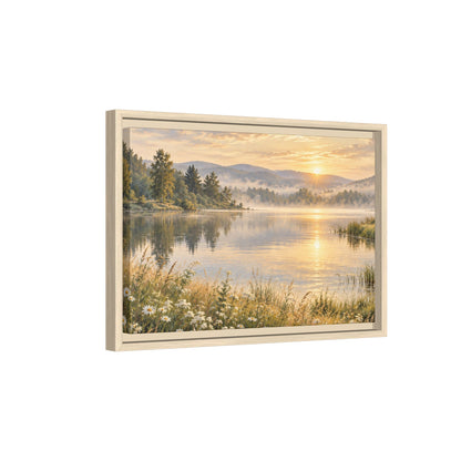Misty Meadow Lake Wood Framed Canvas, Wildflower Farmhouse Wall Art Print Artwork Decor Small Large Hanging Matte Landscape Square Poster