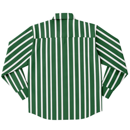 Green White Striped Long Sleeve Men Button Up Shirt, Vertical Stripes Guys Male Print Buttoned Down Collared Graphic Casual Dress Plus Size