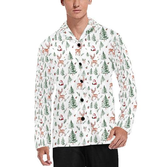 White Christmas Trees Men Sleep Pajama Long Sleeve Shirt, Reindeer Santa Claus Xmas Button Down Guys Sleeping Cute Pjs Night Loungewear - Starcove Fashion