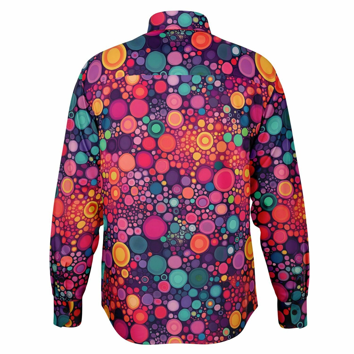 Psychedelic Long Sleeve Men Button Up Shirt, Funky Red Colorful Fun Retro Vibrant Dot Art Guys Male Print Buttoned Down Collared Casual Dress Plus Size