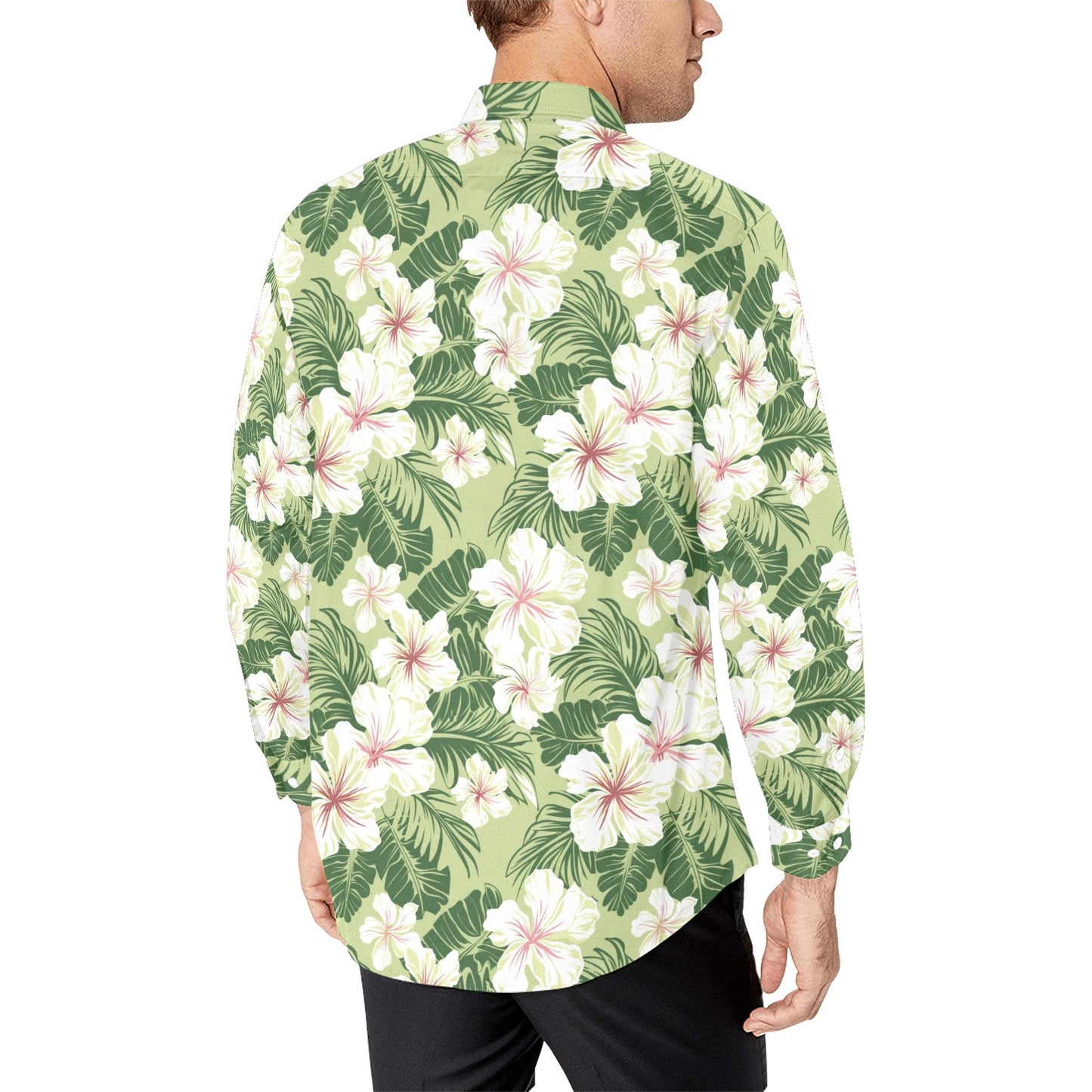 Green Hibiscus Long Sleeve Men Button Up Shirt, Hawaiian White Tropical Print Casual Dress Buttoned Collar Chest Pocket Lightweight Male - Starcove Fashion