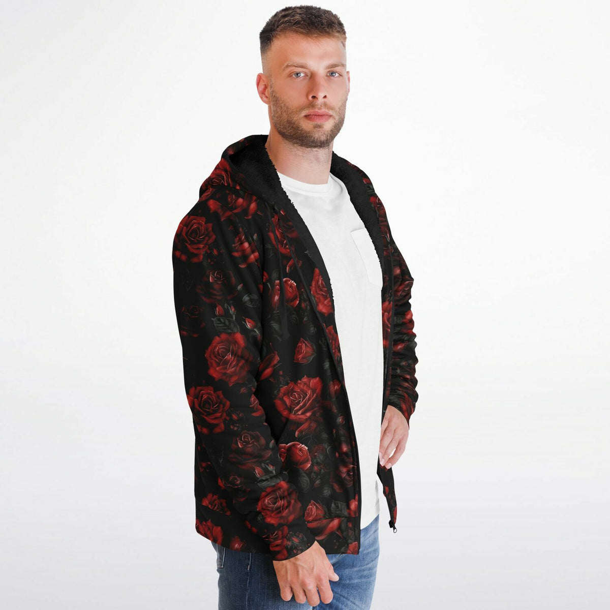 Red Roses Zip Up Fleece Lined Hoodie, Floral Flowers Sherpa Heavyweight Full Zipper Pocket Men Women Unisex Graphic Hooded Sweatshirt Jacket