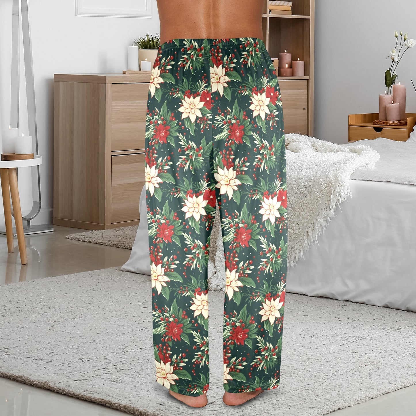 Christmas Berries Men Pajamas Pants, Xmas Trees Green Vintage Retro PJ Pockets Sleep Lounge Trousers Guys Male Plus Size Sleepwear Bottoms