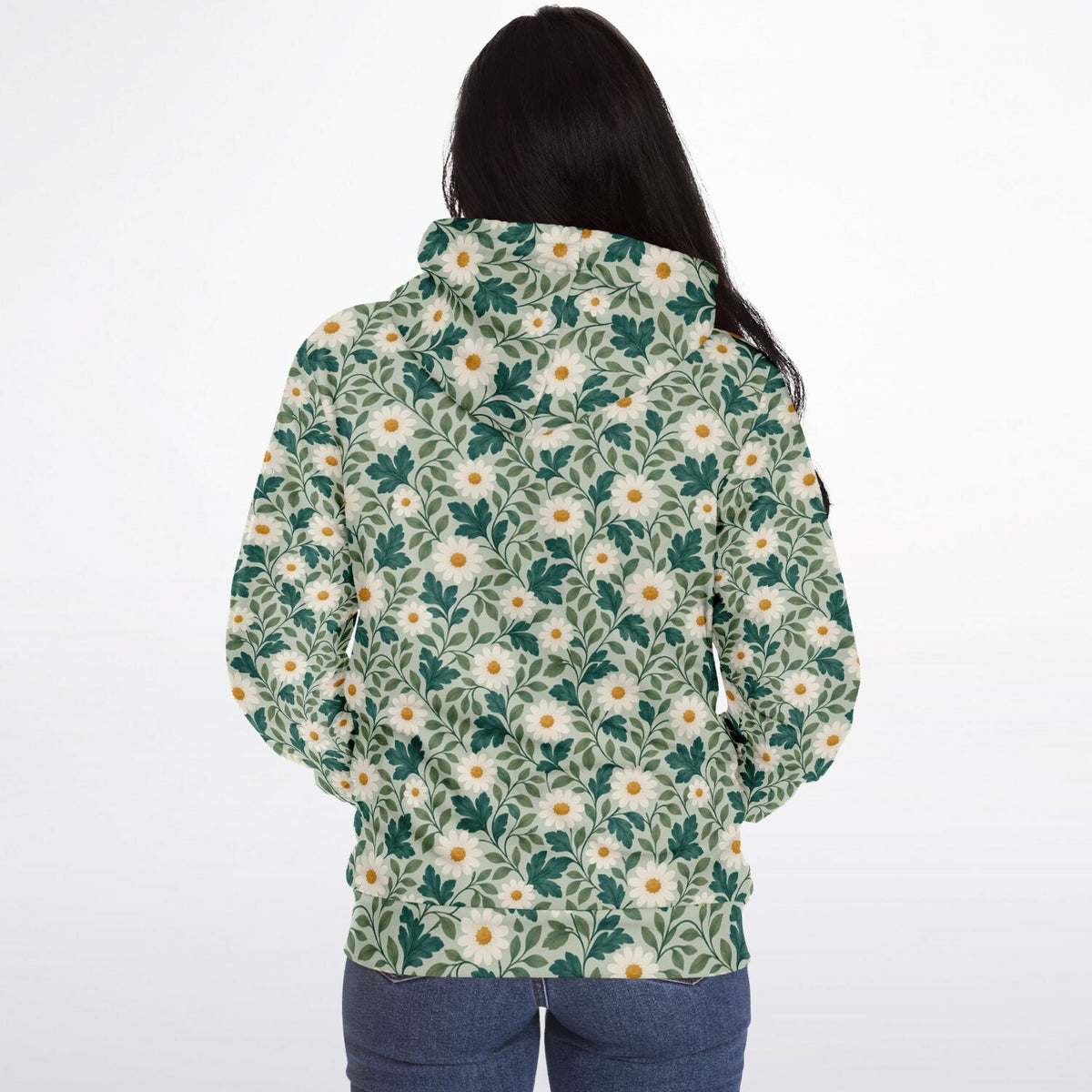 Daisy Zip Up Fleece Lined Hoodie, Floral Green Flowers Sherpa Heavyweight Full Zipper Pocket Men Women Unisex Hooded Sweatshirt Jacket