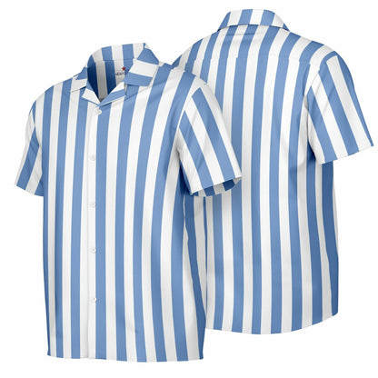 Blue White Striped Men Button Down Shirt, Beach Spread Collar Short Sleeve Guys Casual Print Buttoned Up Plus Size Unisex