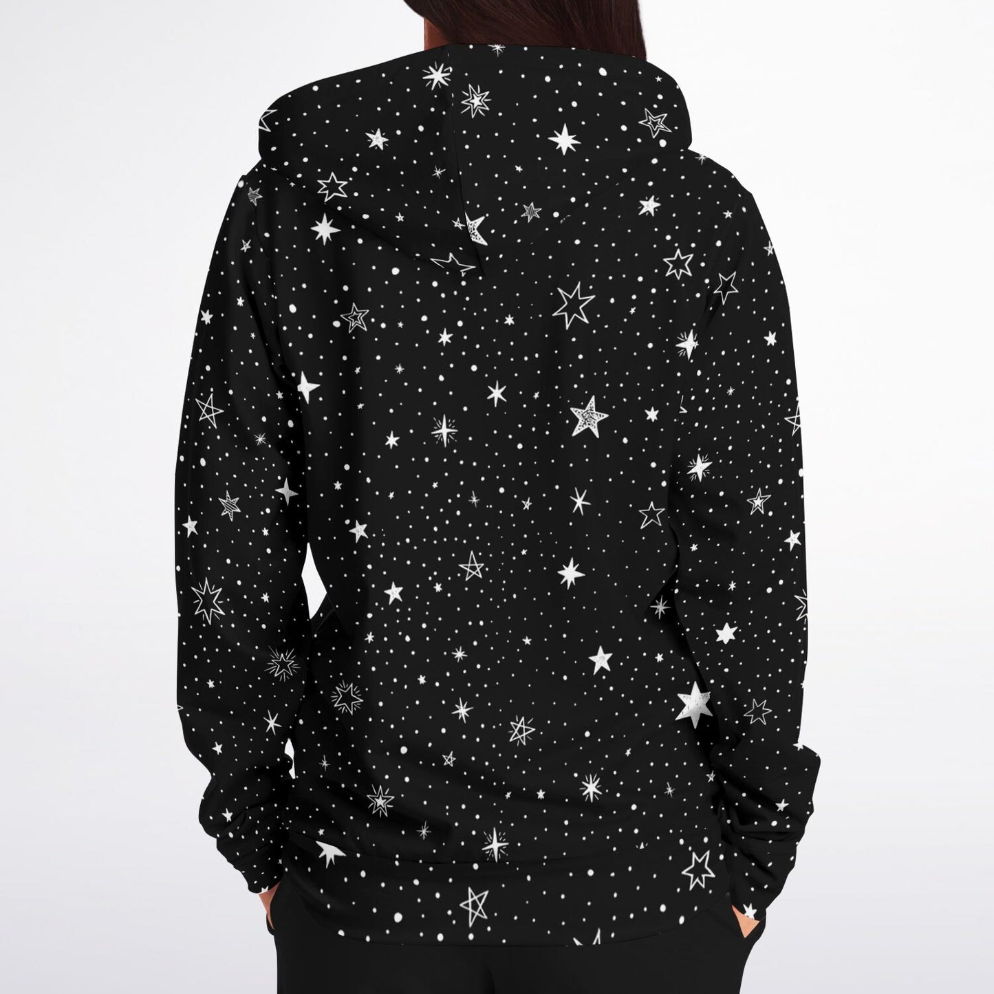 Stars Zip Up Hoodie, Black White Space Celestial Galaxy Full Zipper Pocket Men Women Unisex Ladies Graphic Cotton Fleece Hooded Sweatshirt