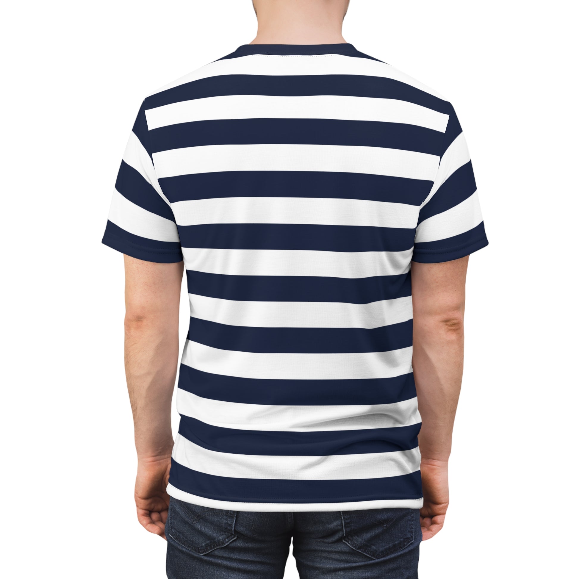 Blue and White Striped Tshirt, Navy Wide Horizontal Stripe Designer Aesthetic Crewneck Men Women Tee Top Short Sleeve Shirt Starcove Fashion
