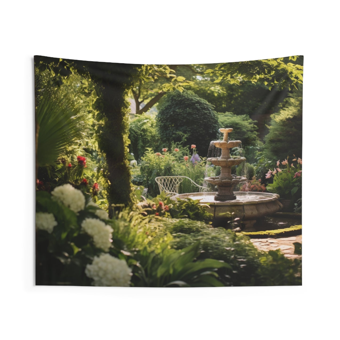 Garden Tapestry, Fountain Green Nature Botanical Wall Art Hanging Cool Unique Landscape Aesthetic Large Small Decor Bedroom College Room Starcove Fashion