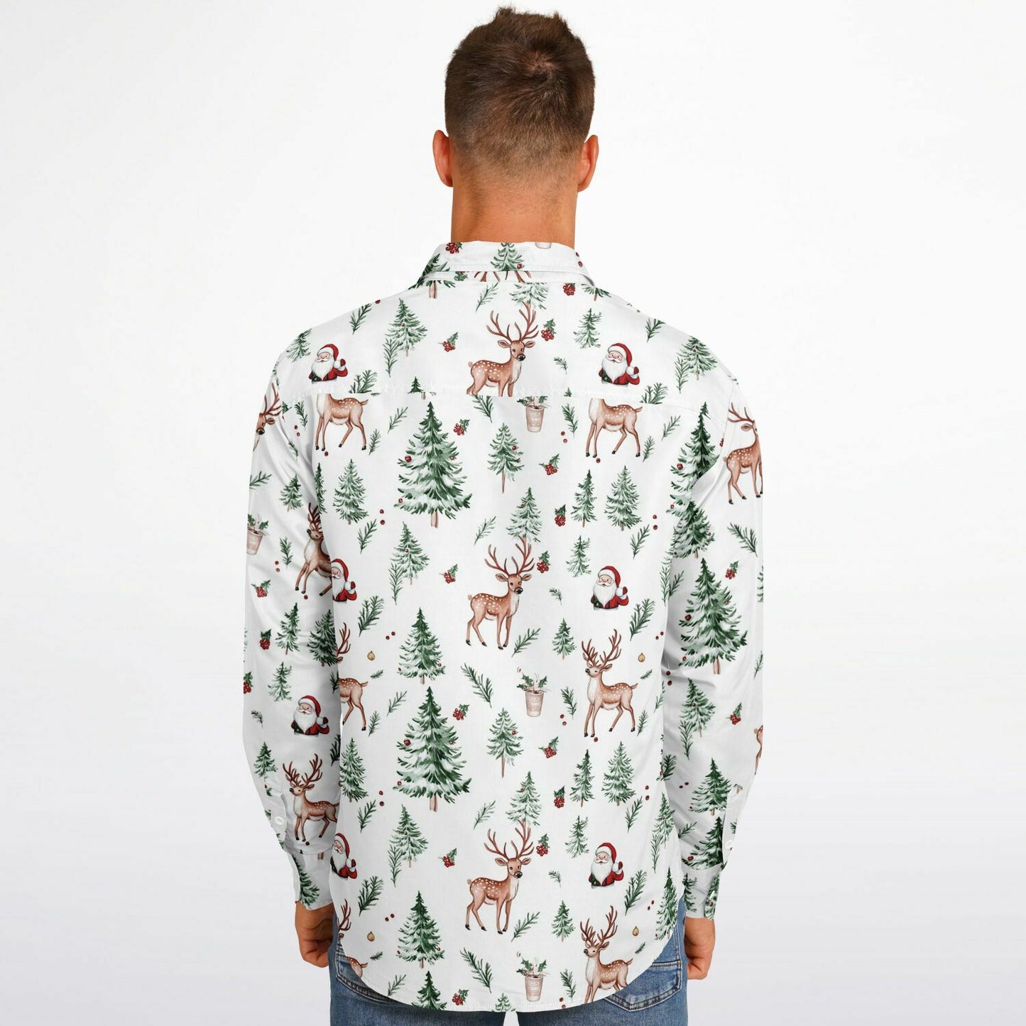 White Christmas Long Sleeve Men Button Up Shirt, Santa Claus Xmas Trees Guys Male Print Buttoned Down Collared Casual Dress Plus Size Shirt